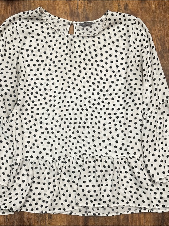 Denver Hayes Tops - Denver Hayes White Dress with Black Polka Dots and Peplum Hem #286
